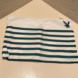 Playboy Zip Top Waterproof Beach Pouch White Green Stripe Toiletry Cosmetic Bag